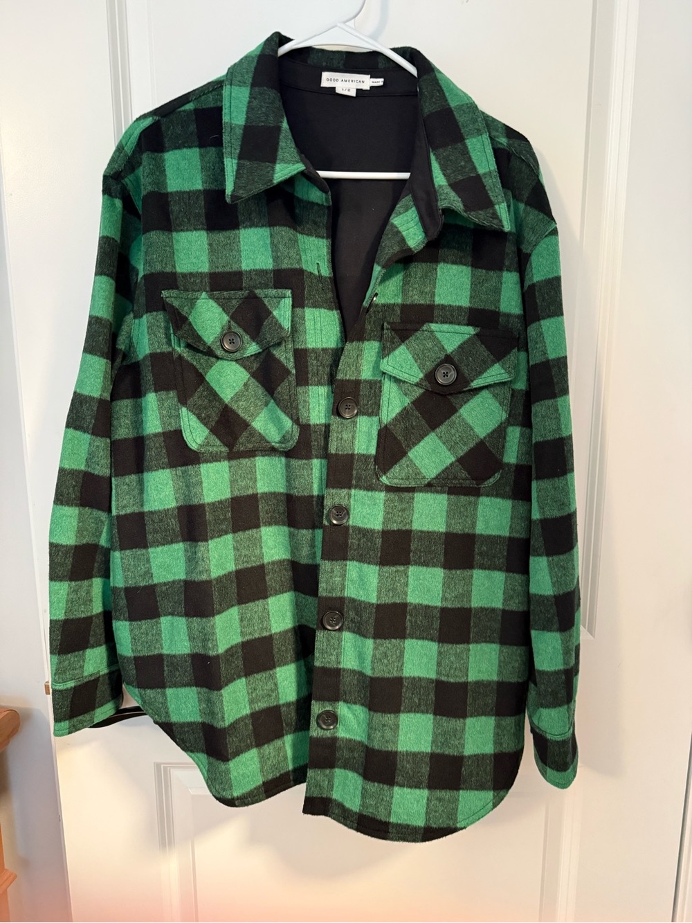 Good American Green and Black Buffalo Plaid Shirt-Jacket for women.